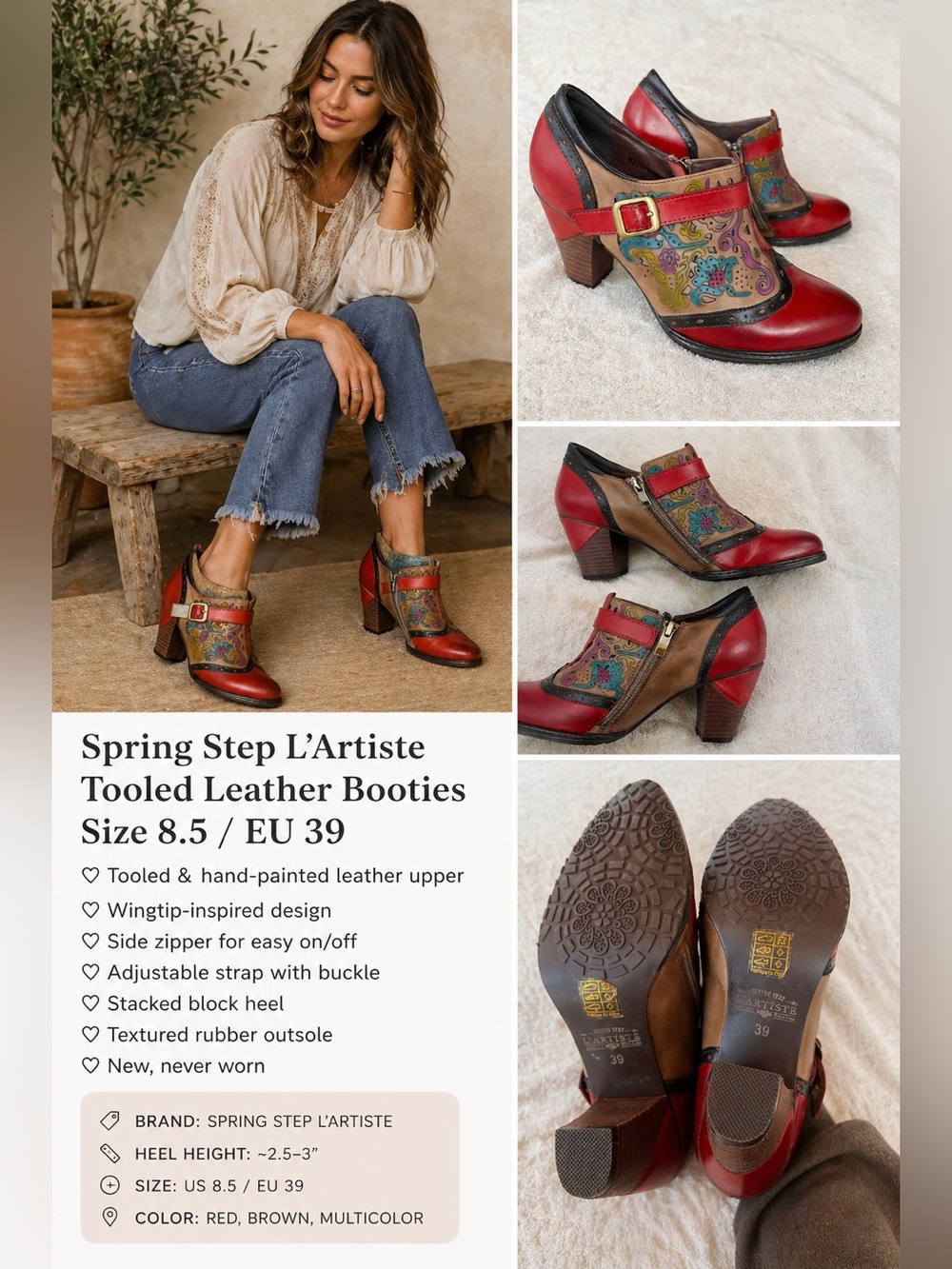 Spring Step L’Artiste Tooled Leather Booties Size 8.5 Floral Wingtip Heels NEW - Picture 2 of 12